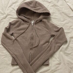 Hollister Taupe Hooded Zip-Up Knit Cardigan